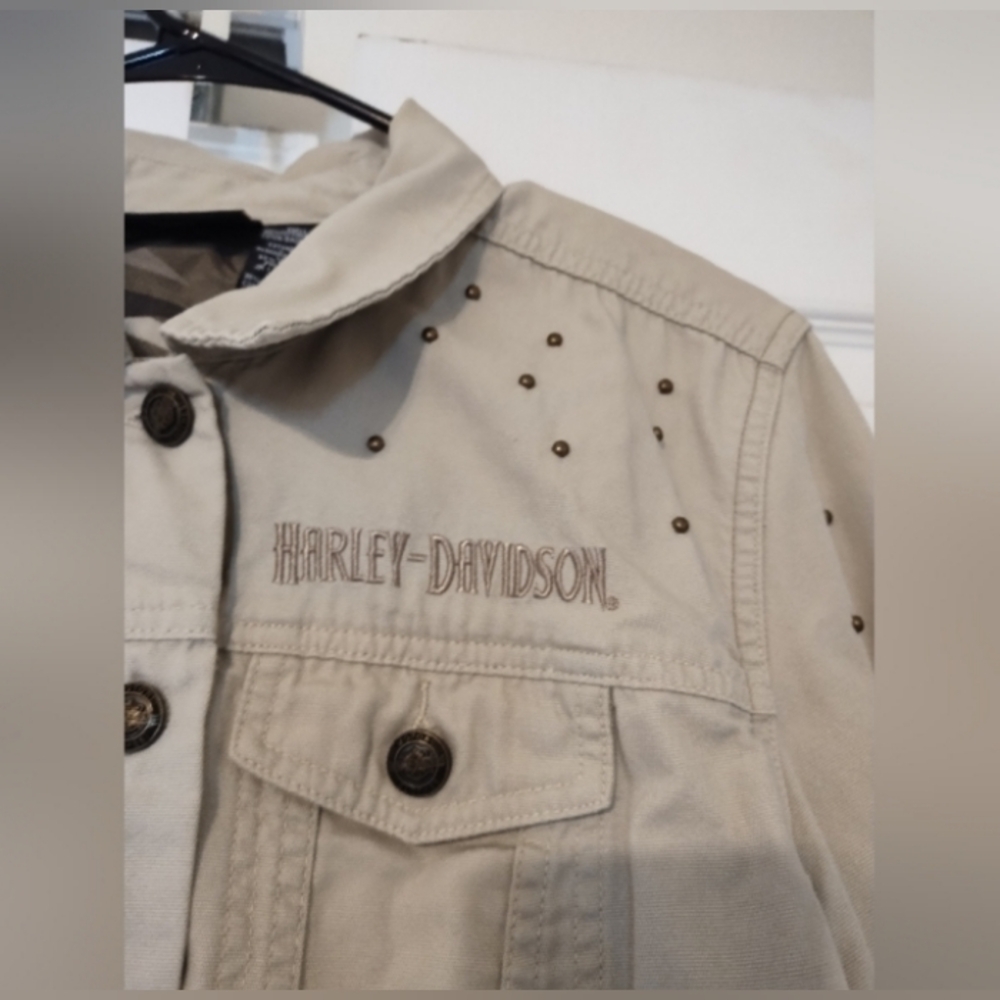 Harley Davidson Sudded Cropped Khaki Tan Jacket Size XL Pockets Adj Sleeve Waist - Picture 5 of 5